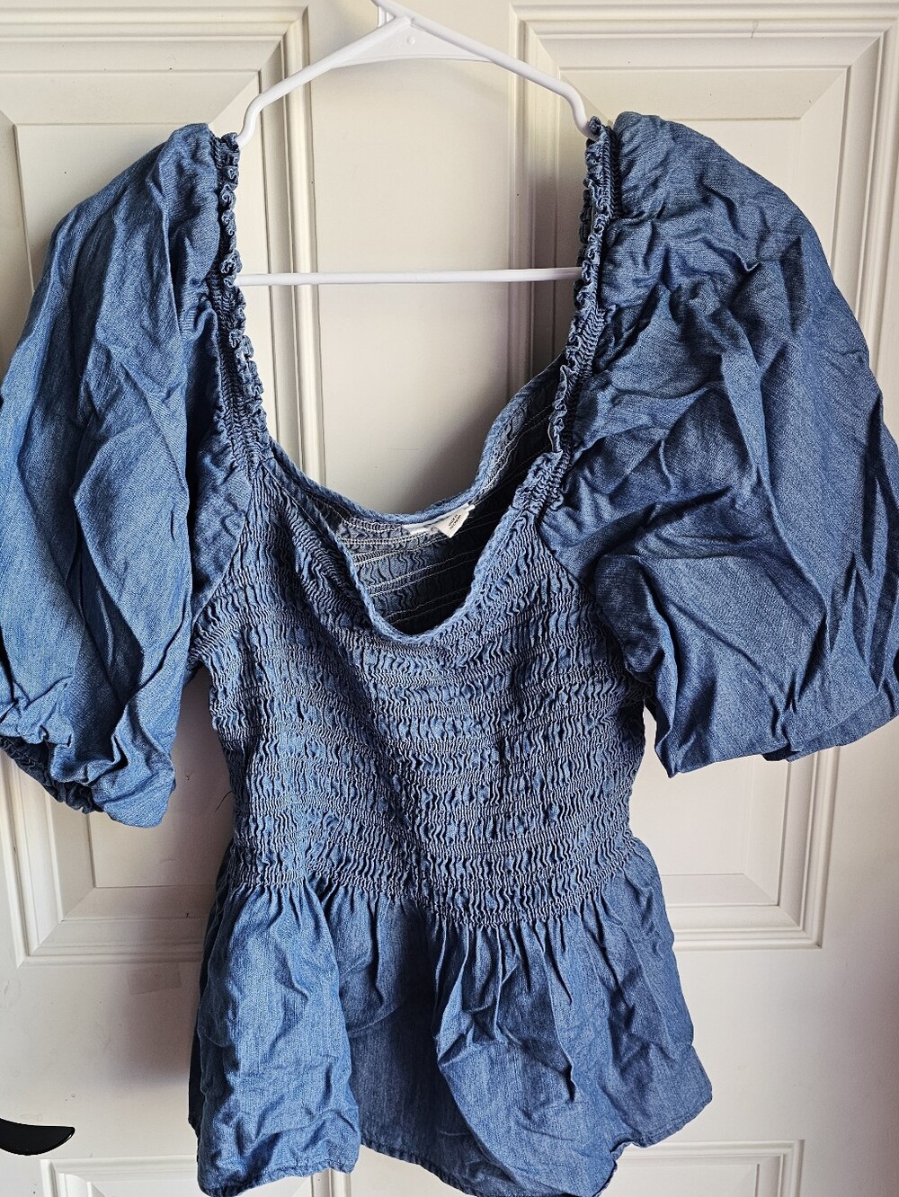 a.n.a Blue Smocked Peplum Puff Sleeve Top